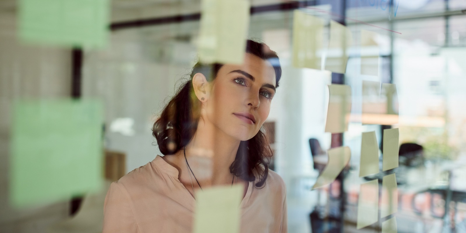 Woman looking at sticky notes