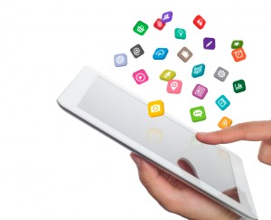 application icons fly off the tablet computer in hand