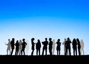 Group Of Business People Silhouettes Working Outdoors And A Copy