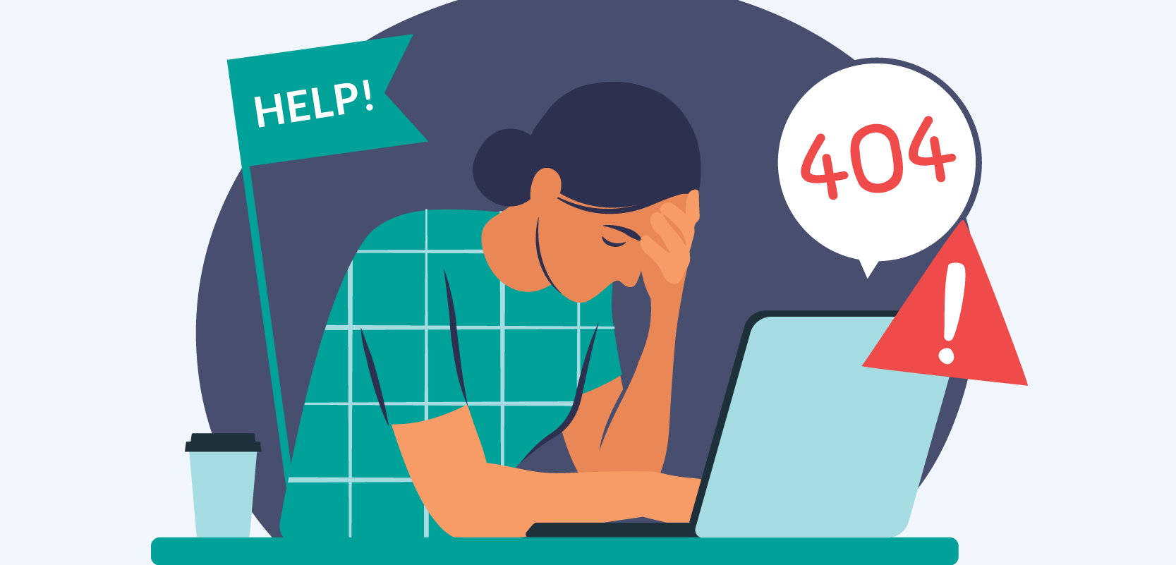 Woman with her face in her hands next to a laptop with a 404 error and warning sign